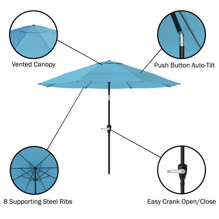 Alaterre Furniture 8 Piece Set, Okemo Table with 6 Chairs, 10-Foot Auto Tilt Umbrella Blue ANOK01RD01S6